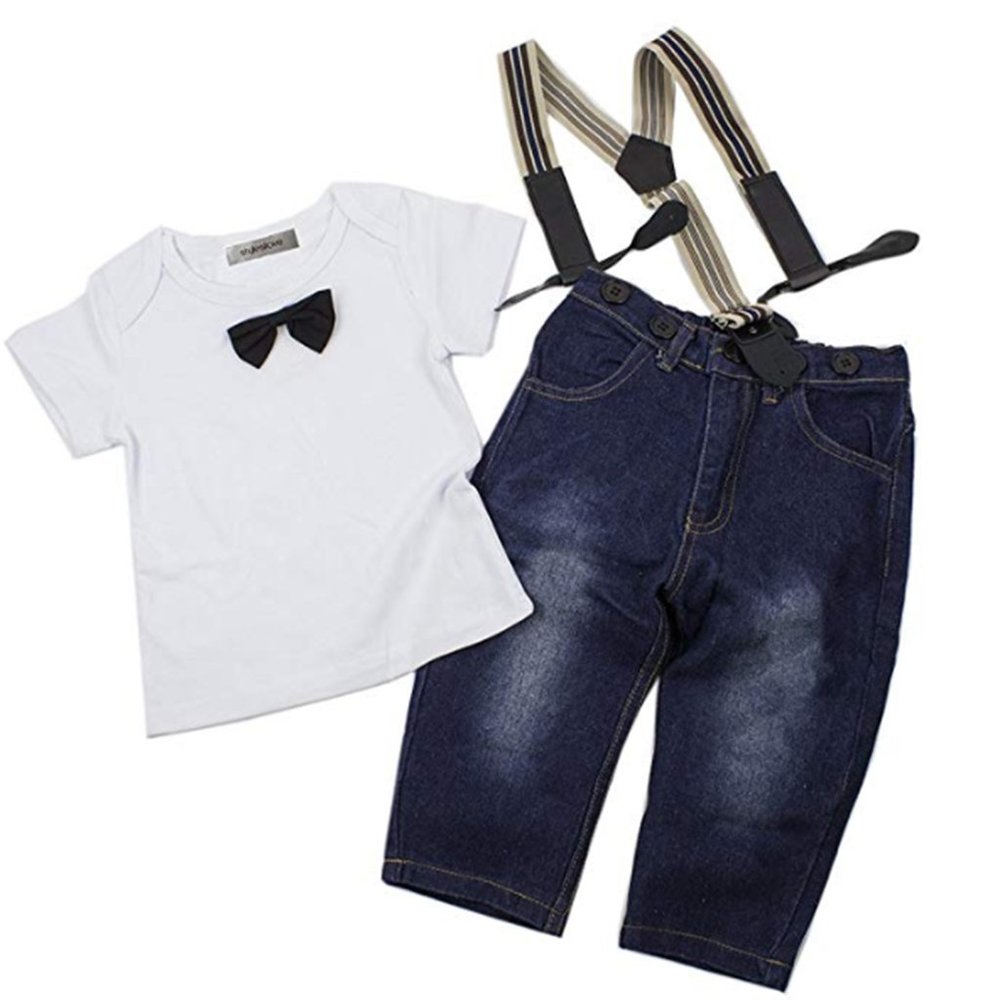 Toddler Boy 3D Bowtie Tee, Jeans & Suspenders 3pcs Outfit - Picture 1 of 4